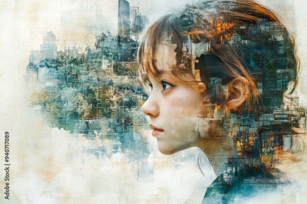 Poster a surreal portrait of a woman with her face dissolving into puzzle pieces symbolizing the fragmentat