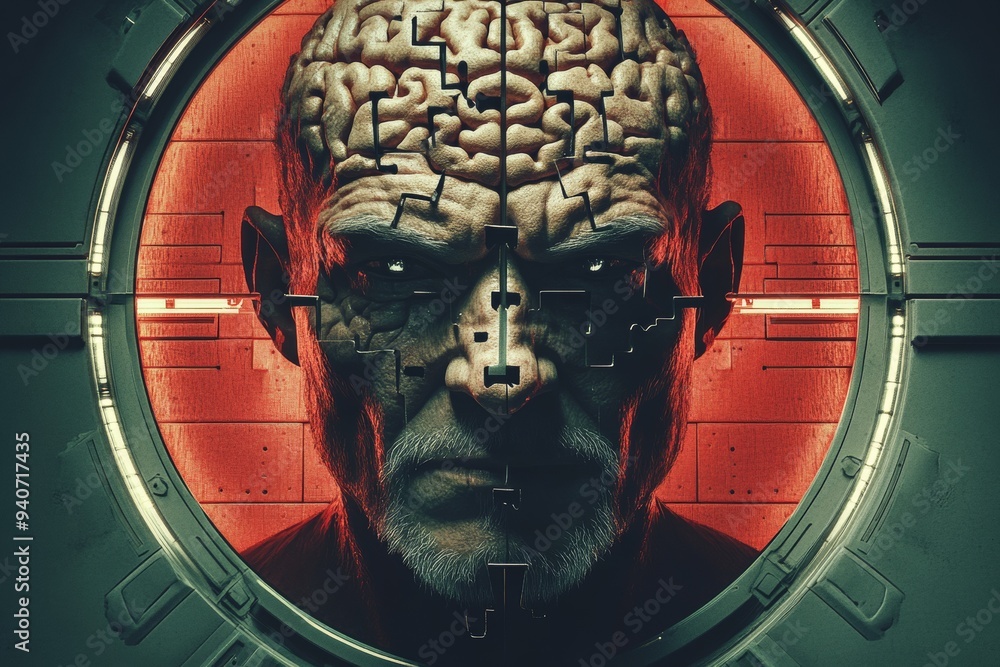 Poster a powerful and surreal image of a mans head surrounded by glowing particles symbolizing enlightenmen
