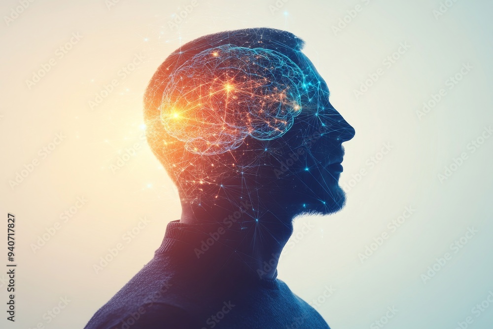 Poster a futuristic digital portrait of a man with glowing neural connections symbolizing the convergence o