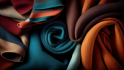 Abstract set of fabrics, colourful textile samples, different types of linen, cotton, silk composition. Generative AI