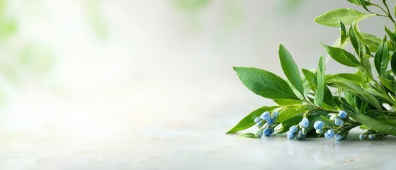  A collection of green leaves atop a pristine white countertop, adjacent to a cluster of tiny blue flowers