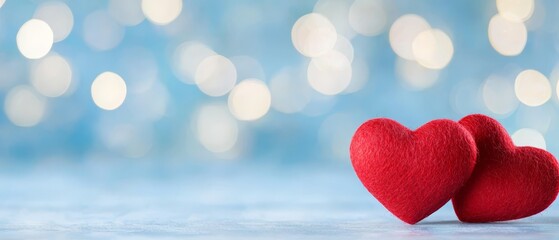 Fototapeta premium Two red hearts placed side by side on a blue background Background features indistinct lights