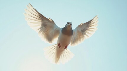 Obraz premium A bird in flight, captured from below, with its wings spread wide against a bright, cloudless sky.