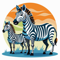 Fototapeta premium Adult Zebra and Foal Standing in Grassland at Sunset