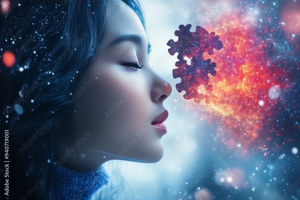 Poster a futuristic digital portrait of a woman surrounded by glowing puzzle pieces symbolizing identity in