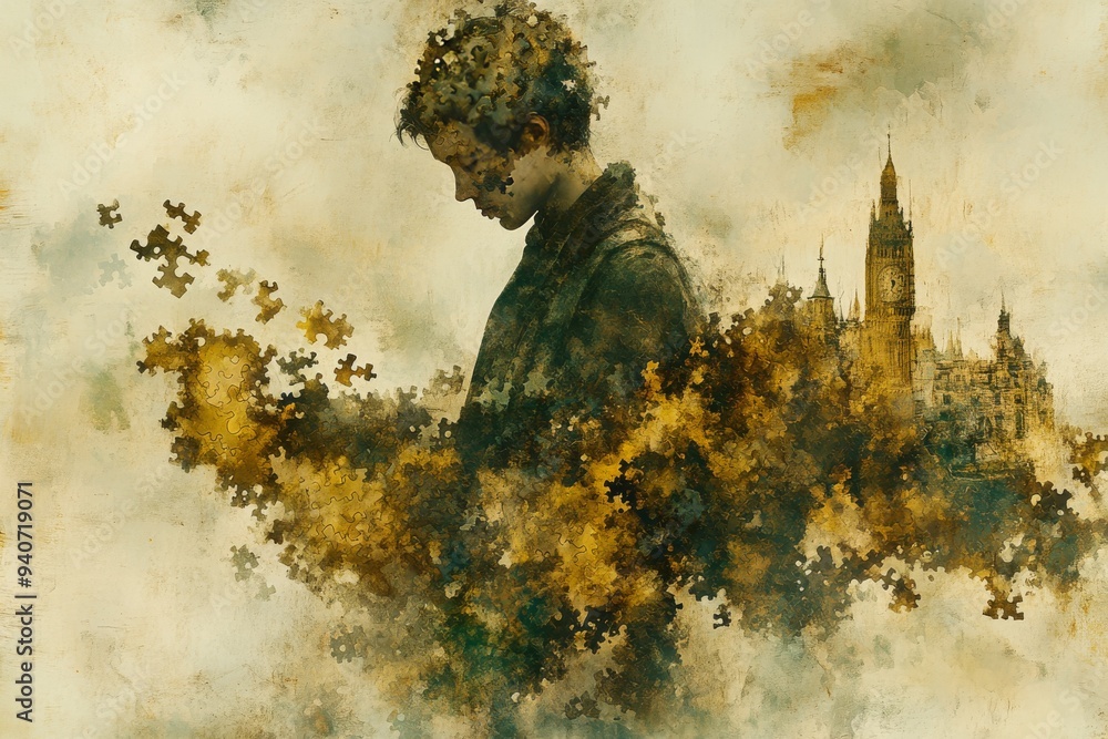 Poster a surreal landscape where a figure disintegrates into puzzle pieces symbolizing the loss of identity