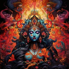 A vibrant depiction of a goddess surrounded by flames and mystical elements.