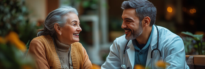 Doctor is discussing with a cheerful senior woman during a visit at the nursing home