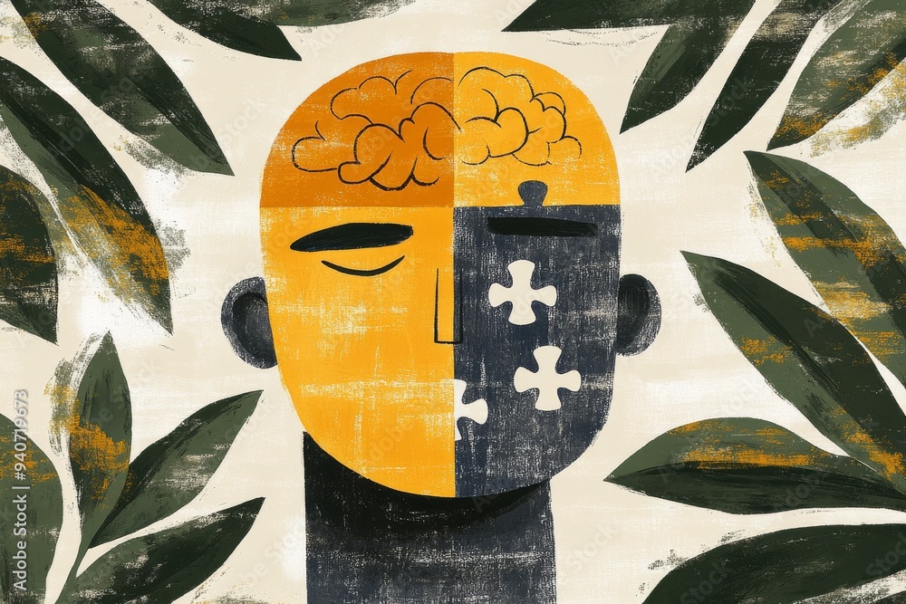 Aufkleber a modern and abstract illustration of a face split between light and dark with puzzle elements symbo