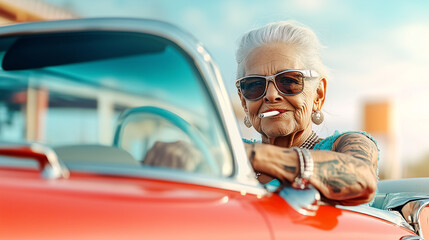 Senior woman with tattoos and sunglasses smoking a cigarette in convertible car