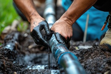 Obraz premium A close-up of muddy hands working on a pipe. This photo illustrates the labor and effort involved in repairing or installing underground infrastructure.