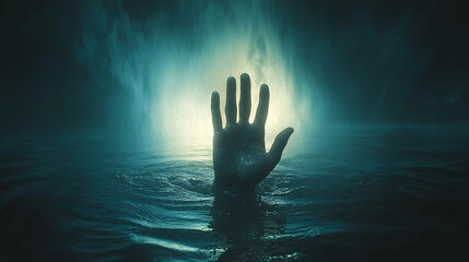 A creepy, horror hand under a projector light in the middle of the ocean at night asking for help and searching for rescue.