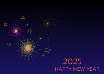 Happy New Year 2025 with golden fireworks on a night sky background. For cards, wallpaper, websites, postcards and posters.