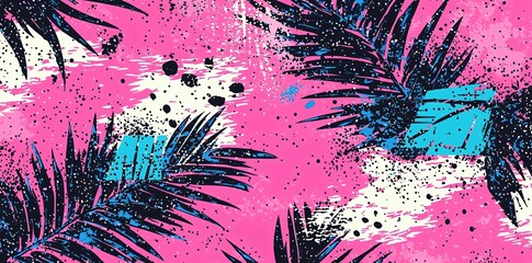 Tropical Abstract Art with Palm Leaves and Pink Background