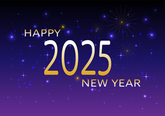 Happy New Year 2025 with golden fireworks on a black and purple star night background. For cards, wallpaper, websites, postcards and posters.