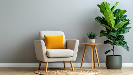 A cozy living space featuring a chic armchair, decorative pillow, plants, and a stylish rug, perfect for modern home decor.