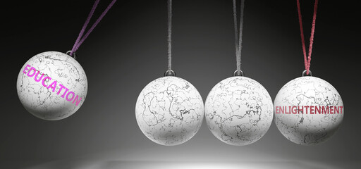 Education and Enlightenment - cause and effect relationship. A Newton cradle metaphor showing how education results in enlightenment. It initiates enlightenment. ,3d illustration