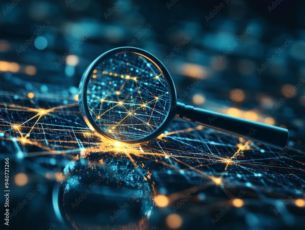Poster magnifying glass over abstract network connections with glowing points of light.
