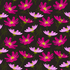 Small purple and pink dainty cosmos flowers on a black background form a seamless pattern for floral textiles. Vector
