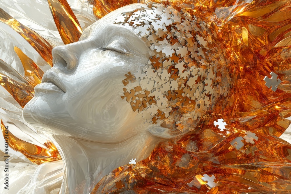 Poster digital illustration of a woman with her face disintegrating into puzzle pieces symbolizing the deco