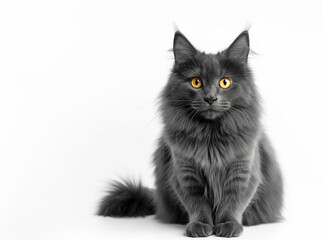 A fluffy silver Maine Coon cat sits on a light background