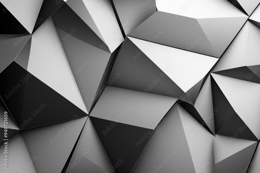 Wall mural Black white dark gray silver abstract pattern background. Geometric shape. Line triangle angle fold polygon diamond 3D. Gradient. Rough grain noise. Light shadow. Matte shimmer. Design. Minimum , ai