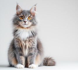 A fluffy silver Maine Coon cat sits on a light background