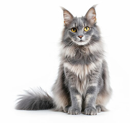 A fluffy silver Maine Coon cat sits on a light background
