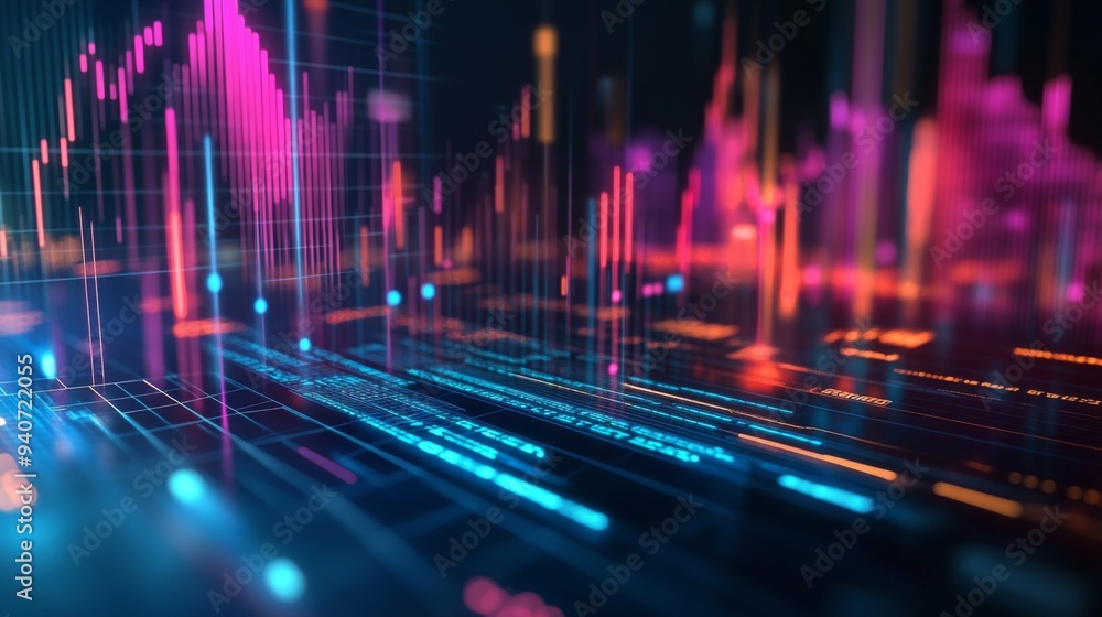 Fototapete A close-up of a 3D financial graph with transparent elements and colorful data lines, presenting a clean and sophisticated look.