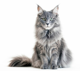 A fluffy silver Maine Coon cat sits on a light background