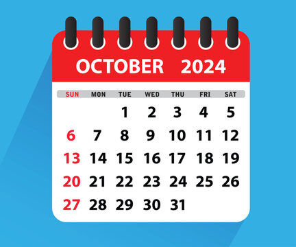 October 2024 Calendar Leaf. Calendar 2024 in flat style. October 2024 Calendar. Week starts on Sunday. Blank Calendar Template. Stationery Design. Vector Illustration
