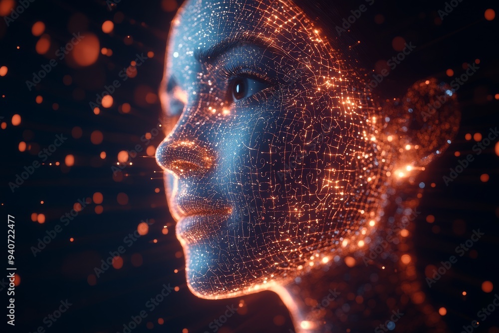 Aufkleber futuristic digital face made of light particles representing artificial intelligence technology and 