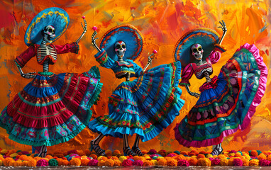 Fototapeta premium Three catrinas skeletons are dancing with colorful traditional mexican dresses to celebrate dia de los muertos