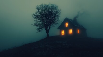 Haunted house with spooky tree on a hill with glowing windows surrounded by fog creating a spooky and eerie atmosphere in the dark night
