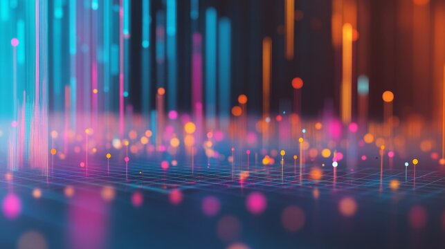 A close-up of a 3D scatter plot with data points floating above a grid, using various colors and sizes to represent different financial data sets and trends.