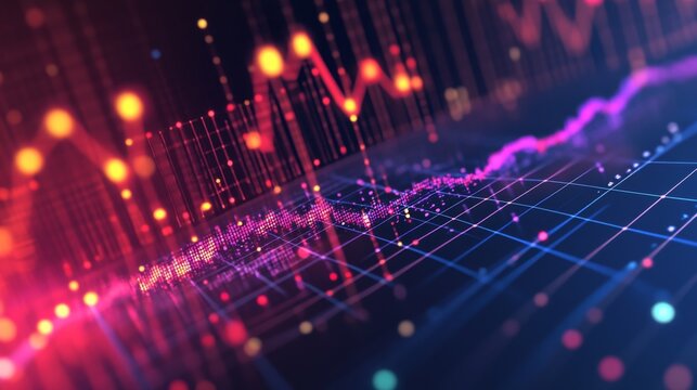 A close-up of a 3D scatter plot with data points floating above a grid, using various colors and sizes to represent different financial data sets and trends.