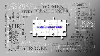 Hormone Replacement Therapy - a complex subject, related to many concepts. Pictured as a puzzle and a word cloud. ,3d illustration