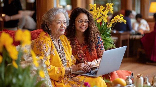 Indian mother and daughter using laptop.