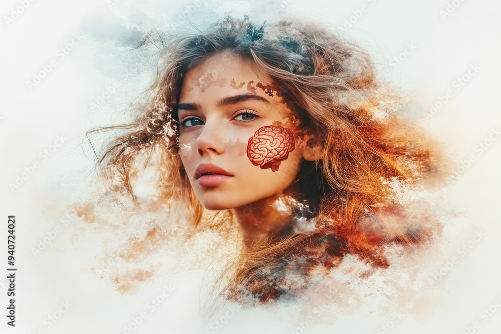 Aufkleber abstract portrait of a woman with a fragmented face blending art and emotional expression representi