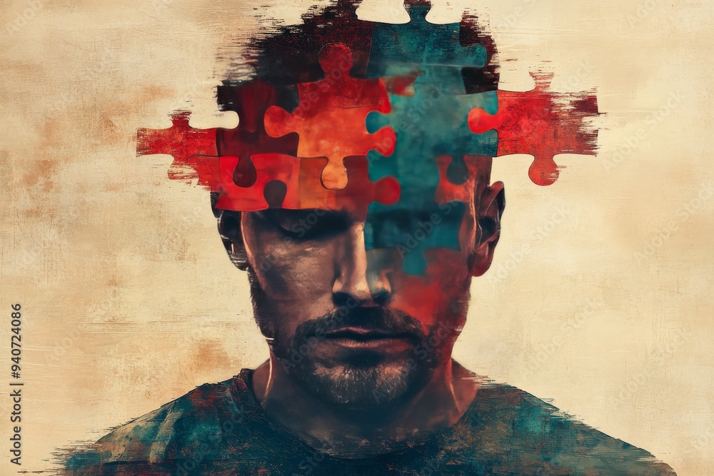 Poster portrait of a man with a fragmented head and vibrant puzzle pieces symbolizing mental health identit