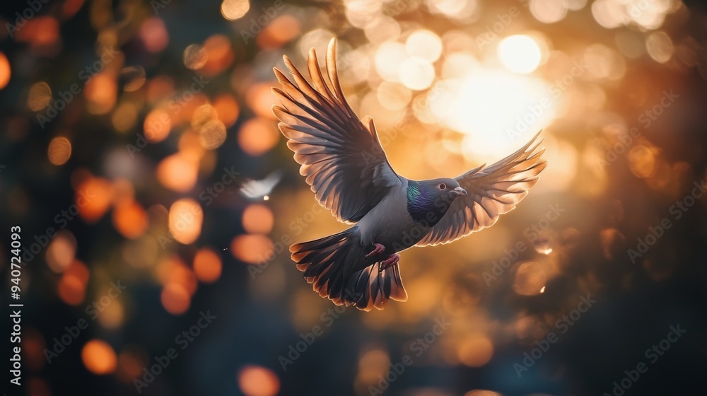 Poster A close-up of a bird gliding through the air, with its feathers illuminated by sunlight and nearby trees creating a soft bokeh effect.