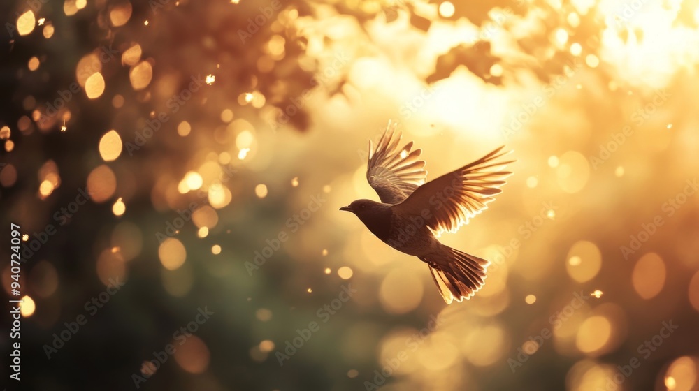 Poster A close-up of a bird gliding through the air, with its feathers illuminated by sunlight and nearby trees creating a soft bokeh effect.