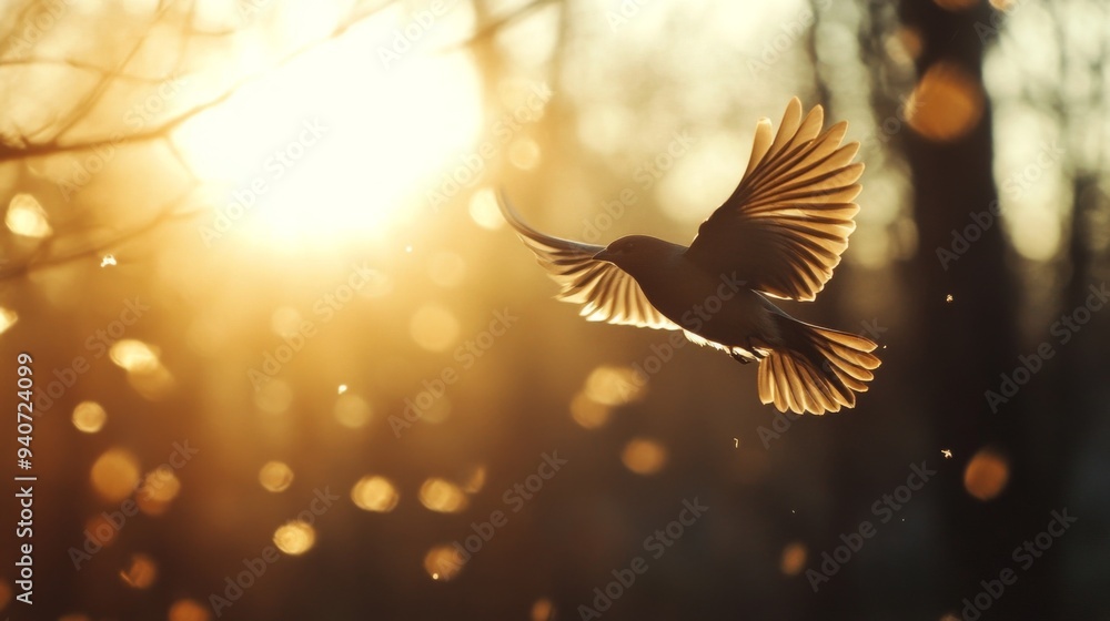 Poster A close-up of a bird gliding through the air, with its feathers illuminated by sunlight and nearby trees creating a soft bokeh effect.
