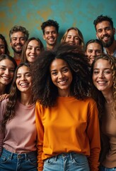 Fototapeta premium Diverse group of joyful people posing in vibrant studio settings, representing unity and inclusivity. 