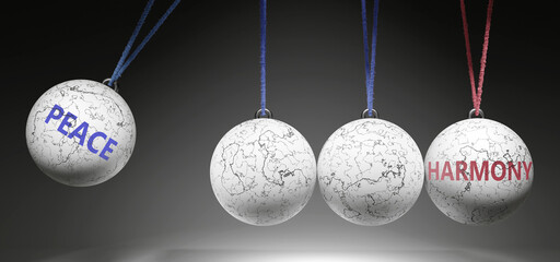 Peace and Harmony - cause and effect relationship. A Newton cradle metaphor showing how peace results in harmony. It initiates harmony. ,3d illustration