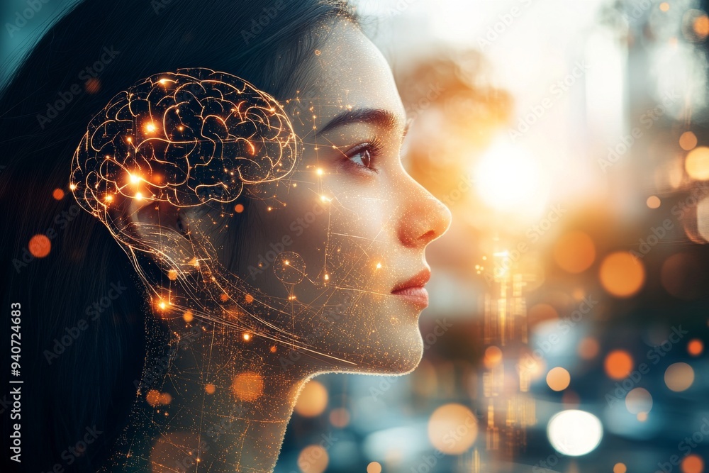 Poster abstract digital portrait of a woman with illuminated brain symbolizing the integration of technolog