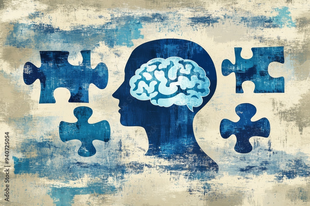 Poster rustic illustration of a brain with puzzle pieces symbolizing mental health cognitive function and t