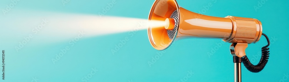 Poster oldfashioned megaphone with light beam on a gradient cyan backdrop, representing announcement and co