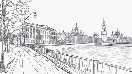 Street scene illustration. Hand drawn ink line sketch Moscow, Russian Federation with buildings, street cityscape, river in outline style perspective view which brings forward which brings forward