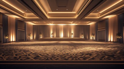 Spacious Event Hall with a Stage Adorned with Soft Lighting and Patterned Carpet